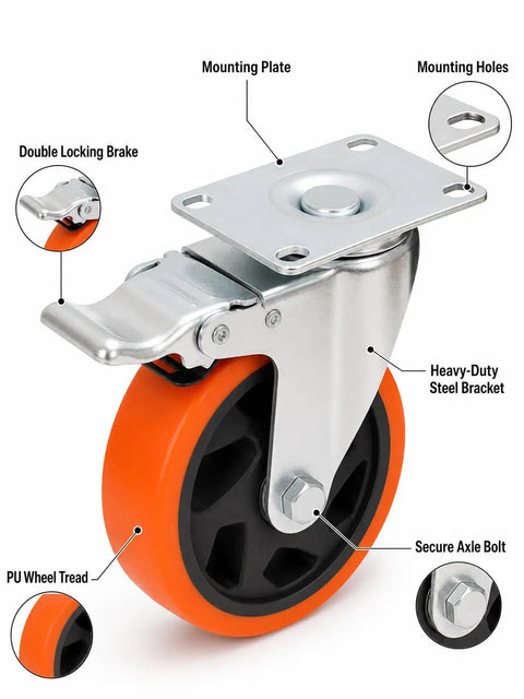 Heavy Duty Beefy Caster Wheels Set Of Four Locking Casters With Dual Ball Bearings Smooth Swivel showing double locking brake and steel bracket.