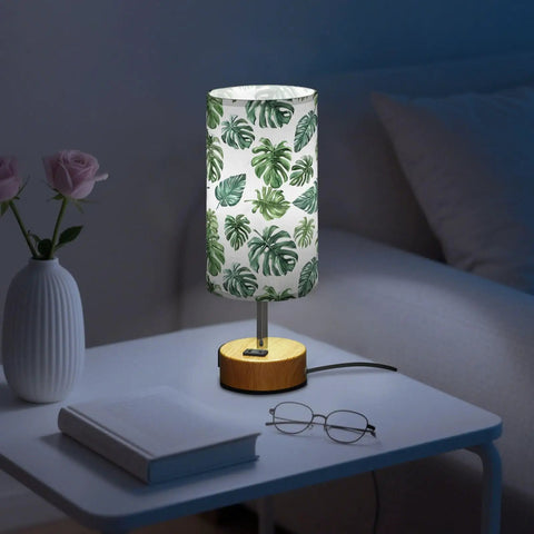 Palm Leaves Watercolor Bedside Table Lamp With 3-Way Dimming And Touch Control, Built-In Charging Station for Bedroom