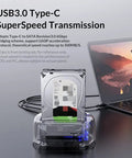 Heavy Duty Dual Bay External Hard Drive Enclosure Type C To Sata 3.1 with transparent housing and SATA drive connected.