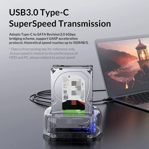 Heavy Duty Dual Bay External Hard Drive Enclosure Type C To Sata 3.1 with transparent housing and SATA drive connected.