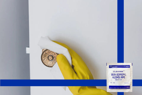 Cleanse 99.9% isopropyl alcohol wipe packet, white pouch with blue print Halsted Health, 5 x 6 inches