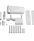 Aluminum 3D Adjustable Door Flag Hinge with Silent Close Buffer for Double Glazed Doors White Finish components and screws
