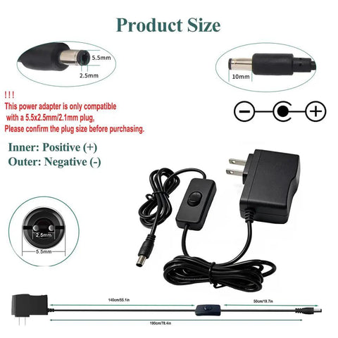 12V 1A DC Power Supply With On Off Switch AC 100 240V Input To DC 12V 6.2 Foot Cord 5.5 By 2.5mm Plug Plus Five Pro Tips For LED Strip Lights And Security Cameras, black adapter size diagram