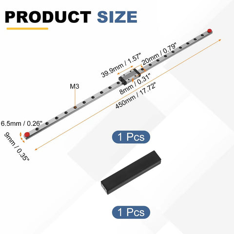 Diagram of MGN9 450mm Linear Sliding Rail Guide With MGN9H Carriage Block And Mini Guide Bearing For CNC Machines And 3D Printers.