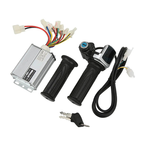Brushed 36V 25A Ebike Controller And Twist Throttle Kit With Real Time Battery Display And Locking Handle components shown