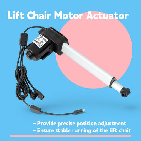 Side view of a lift chair actuator motor with a white shaft and black housing, attached power cable.