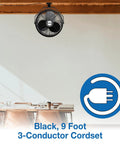 18 Inch Industrial Grade Ceiling Mount Fan Black For Beastly Air Circulation In Industrial Spaces With Powder Coated Steel Construction One Sixth HP Fully Enclosed Permanently Lubricated Motor Ten Foot Type SJT Power Cord installed on ceiling above table