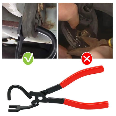 Exhaust hanger removal tool with red-handled pliers for removing exhaust rubber hangers; shown in use.