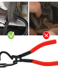 Front view of exhaust hanger removal tool with red-handled pliers for separating exhaust rubber hangers.