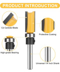 Smooth Operator 4 Piece 1/4 Inch Shank Flush Trim Router Bit Set With Bottom Bearings and Quick Swap Blades, featuring carbide blades.