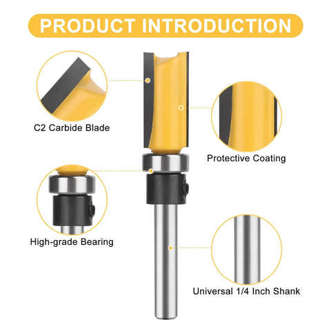 Smooth Operator 4 Piece 1/4 Inch Shank Flush Trim Router Bit Set With Bottom Bearings and Quick Swap Blades, featuring carbide blades.
