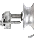 Heavy Duty Galvanized Steel Rolling Gate Hardware Kit With Slick 6 Inch Double Track Wheels showing a durable roller with latch.