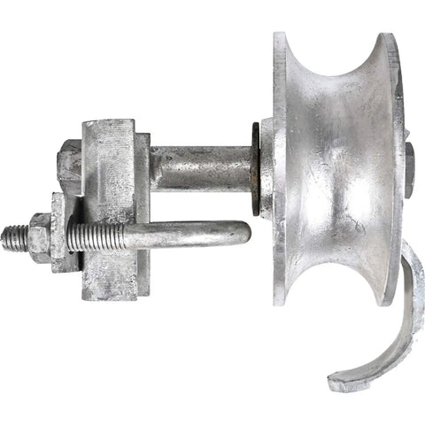 Heavy Duty Galvanized Steel Rolling Gate Hardware Kit With Slick 6 Inch Double Track Wheels showing a durable roller with latch.