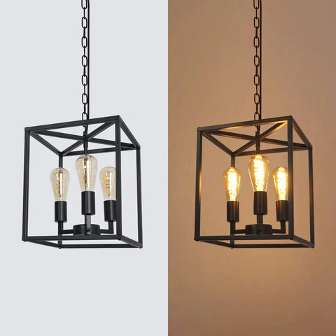 Industrial Farmhouse Plug In Pendant Light With 16.9ft Cord, featuring black square frame and three exposed bulbs