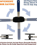 Top view of 4 In 1 Universal Disc Brake Caliper Tool With 360 Degree Ratcheting System And 2 Hooks in use, carbon steel build.