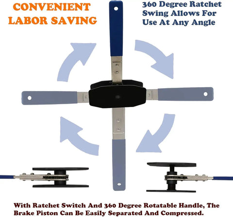 Top view of 4 In 1 Universal Disc Brake Caliper Tool With 360 Degree Ratcheting System And 2 Hooks in use, carbon steel build.