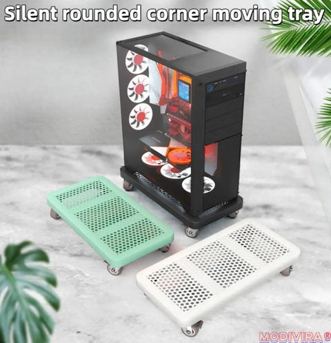 Mobile Heavy Duty Rolling Computer Tower Stand With Lockable Swivel Casters And Smart Cooling For Slick Under Desk Moves Secure Pro Black Steel Desktop Rig Cart with green and white trays.