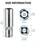 Size chart of Nine Piece 10mm Deep Socket Set With 1/4 Inch Drive 6 Point Design Rust Resistant, highlighting measurements.
