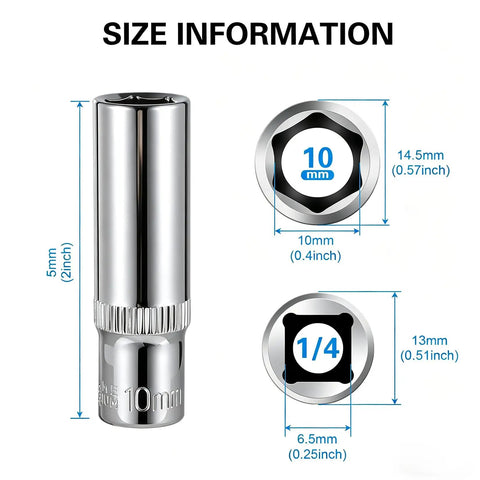 Size chart of Nine Piece 10mm Deep Socket Set With 1/4 Inch Drive 6 Point Design Rust Resistant, highlighting measurements.
