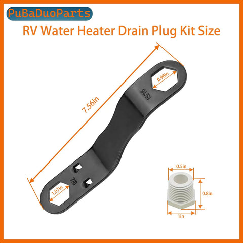 Rugged RV Water Heater Drain Plug Kit With Angled Wrench And PTFE Tape Four Pack Replacement Plugs That Fit Seven Eighths Inch