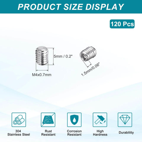 Product size display for 120 PC M4-0.7 X 5mm Grub Screws In 304 Stainless Steel Cup Point Allen Head Internal Hex Socket Drive