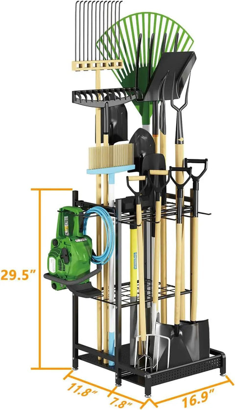 Heavy Duty Garden Tool Storage Rack With Wheels And Hooks Metal Organizer Stand For Garage Shed And Yard Space Saving Tool Holder For Easy Access Durable Weatherproof And Corrosion Resistant with tools