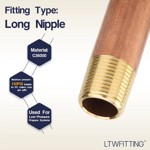 Close-up of brass pipe nipple with 3/8 in male NPT threads, part of Brass Pipe Nipple Assortment Kit With Long Nipples 1-1/2 In to 4-1/2 In.