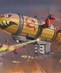 Illustration of a fleet of airships with shark mouths and red star emblems flying in formation.