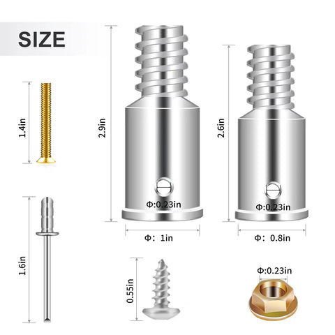 Thread Tip Replacement Kit for Extension Poles, Go To Ultra Threaded Tips in 0.8 Inch and 1 Inch, metal components with dimensions