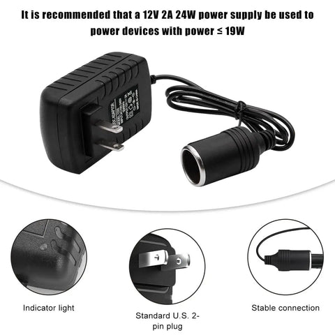 Heavy Duty AC To DC Power Converter Plug And Chug Adapter with U.S. 2-pin plug and cigarette lighter socket for various devices.