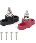 Heavy Duty Double Post Battery Junction Block Featuring Single Stud 12 Volt Power Distribution Bus Bar in black and red.