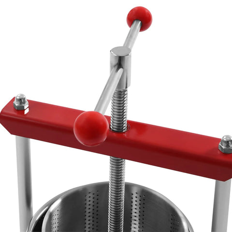 Close-up of 1.6 Gallon No Sweat Manual Press for Fruit Wine and Cheese, metal body and red handles visible, designed for clean juice extraction.