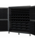 Slick Gray Storage Cabinet With Hella Space And 264 Clear Bins For Ultimate Garage Organization, heavy duty with open doors.