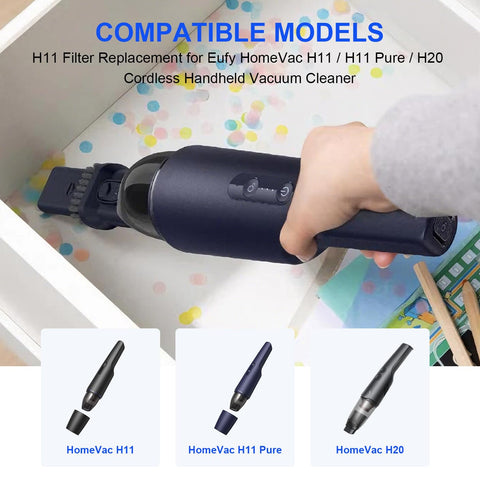 Person using HomeVac H11 handheld vacuum with Must-Have H11 Replacement Filter Set for dust and allergens in a drawer