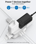 2 Pack Travel Power Strip With USB Ports 4 Outlets And 3 USB 4 Ft Short Extension Cord powering multiple devices simultaneously.