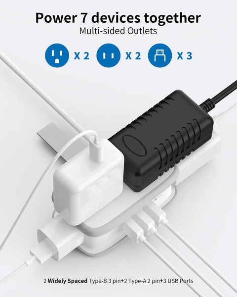 Two Pack GaN USB C Power Strip With 45W USB C Ports, four outlets, retractable cord, powering multiple devices simultaneously