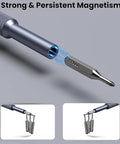 Close-up of a magnetic screwdriver bit showcasing strong magnetism, part of the Top Notch 25 In 1 Precision Screwdriver Set With Magnetic Bits For Glasses Phones Smart Watches And Laptops Heavy Duty Steel Mini Repair Kit Sweet Little Gift For Guys.