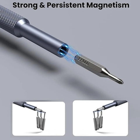 Close-up of a magnetic screwdriver bit showcasing strong magnetism, part of the Top Notch 25 In 1 Precision Screwdriver Set With Magnetic Bits For Glasses Phones Smart Watches And Laptops Heavy Duty Steel Mini Repair Kit Sweet Little Gift For Guys.