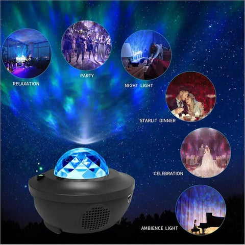 Starry Night Sky Projector For Bedroom With Ocean Wave Light, Remote Control, Bluetooth Speaker; various lighting modes shown.