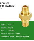 Brass Union Fitting 3/8 Inch NPT Male To 3/8 Inch NPT Male 2 Pack, plumbing adapter shown with product details