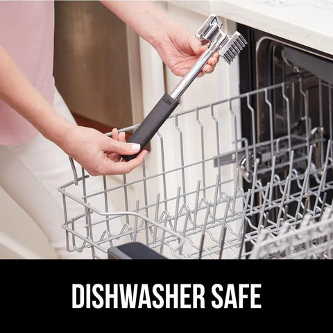 Dual Sided Meat Tenderizer Tool With Patented Design Beefy Heavy Duty Aluminum Mallet shown in dishwasher.