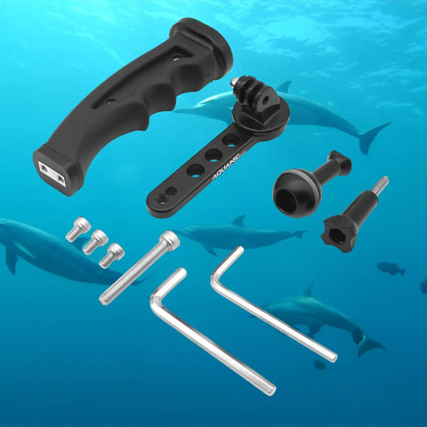 Underwater Camera Tray Bracket with Waterproof Housing and Handheld Grip for GoPro Cameras in ocean with dolphins