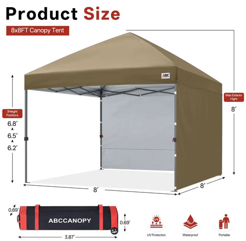 Boss Level 8X8 Pop Up Canopy Tent With Two Full Sidewalls For All Weather Shade Rock Solid Khaki Frame dimensions and features diagram.
