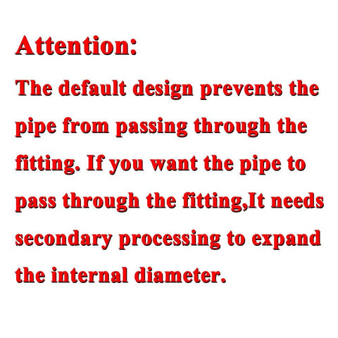 Compression fitting warning text image; red graphic explains pipe pass-through and required processing.