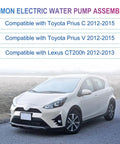 Heavy Duty Electric Engine Water Pump Compatible With Toyota Prius Prius C Prius V And Lexus CT200h Hybrid Cooling System Replacement 161A029015 shown on a Prius C.
