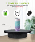 Zlmondee Remote Controlled Motorized Rotating Display Stand Turntable with 22cm diameter showcasing a color-changing tumbler.
