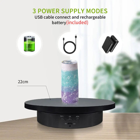 Zlmondee Remote Controlled Motorized Rotating Display Stand Turntable with 22cm diameter showcasing a color-changing tumbler.