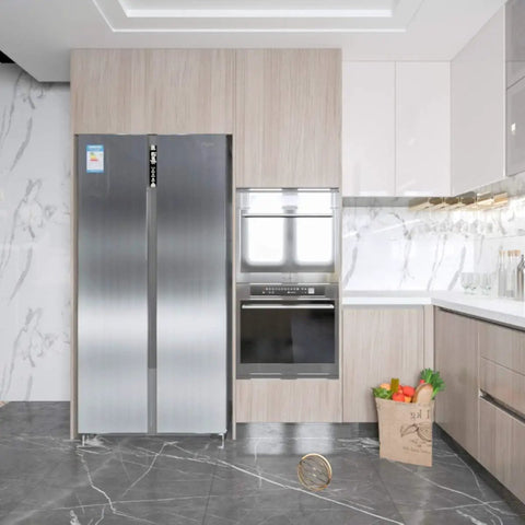 Kitchen with fridge wrapped in Stainless Steel Look Peel And Stick Countertop Wrap 24x197 Diy Friendly Waterproof Oilproof Heat Resistant Metallic Wallpaper