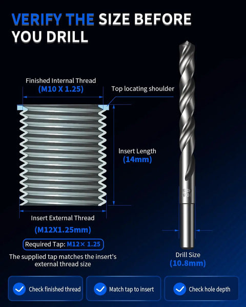 Thread Repair Kit M10x1.25 Metric With 14mm One Piece Inserts, 10 Piece Set For Fixing Stripped Threads In Metal, Automotive And Machinery With Simple Insertion System showing drill size and insert dimensions