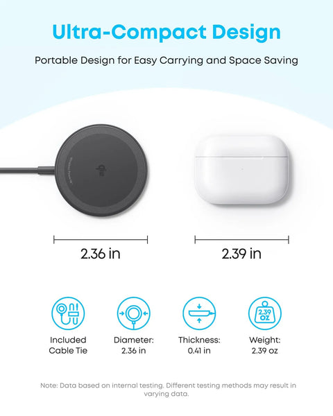 Magnetic Wireless Charger Pad Qi2 Certified 15W MagSafe Compatible For iPhone 17 16 15 Series And AirPods Not For Pixel Adapter Not Included Two Pack Black, shown with AirPods and dimensions